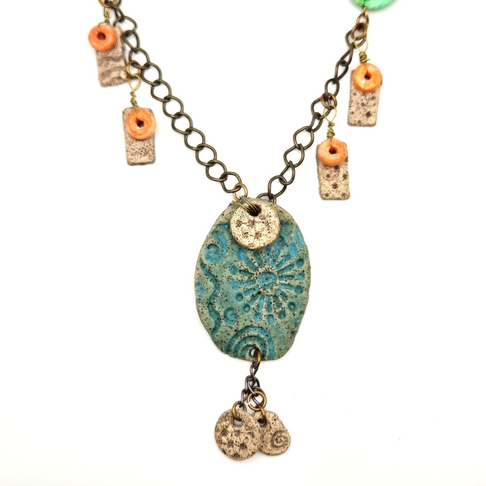 Artisan Handmade Ceramic Necklace Pottery Statement Teal Boho Mixed Media Brass